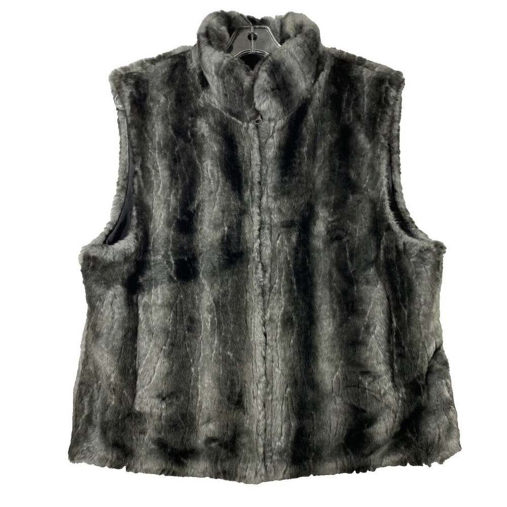 Womens‎ Gray Faux Fur Vest Size Large Reversible Black Weather Resistant Zip Up